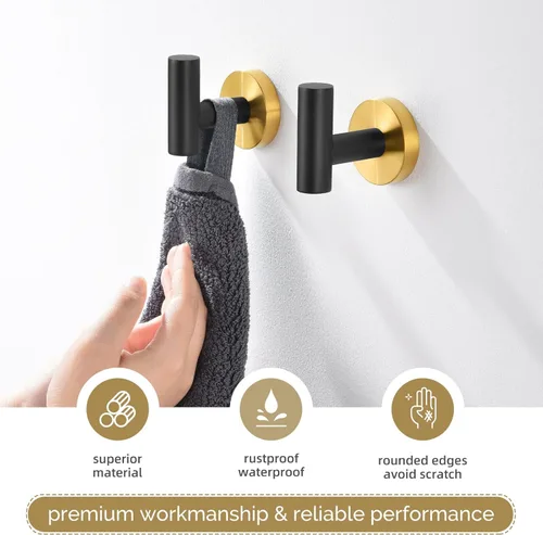 Miniatura 5 de Gancho de Toalla Angle Simple 2 Piezas, Oro y Negro, Soporte de Acero Inoxidable para Baño y Bata, Cuchillo Redondo para Toalla de Mano, Montado