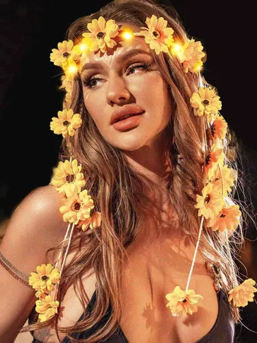 Miniatura 7 de GORTIN Diadema de girasol iluminada con flores de margarita, accesorios para el cabello hippie bohemio para mujer