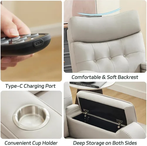 Miniatura 7 de Sillón reclinable giratorio con masaje de calor, sillas reclinables de cuero de gran tamaño, con puerto tipo C, brazos de almacenamiento dobles