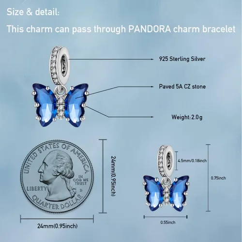 Miniatura 3 de Dijes de mariposa para pulseras, dijes colgantes de plata de ley 925 para pulseras y collares con circonitas cúbicas multicolor 5A, cumpleaños, día