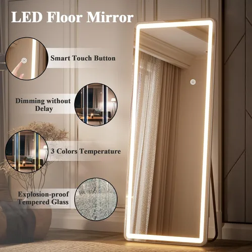 Miniatura 4 de Espejo LED de longitud completa, 56 x 20 pulgadas, espejo de longitud completa con esquina redondeada, pie para dormitorio/vestidor, iluminación