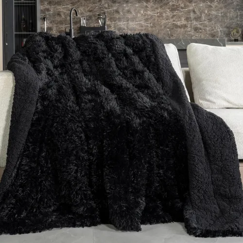 Pawque Manta de piel sintética de 50 x 60 pulgadas, manta suave y esponjosa, cálida y gruesa, de pelo largo, reversible, ligera, acogedora para Negro