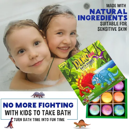 Miniatura 7 de Bombas de baño para niños con juguetes sorpresa en el interior, rompecabezas de dinosaurios, juego de 9 bombas de baño orgánicas de huevo