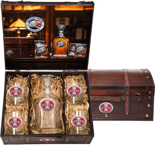 Miniatura 54 de Heritage Pewter Alabama Capitol - Juego de baúl Recipiente de líquido de 24 onzas con 4 vasos de agua Vidrio de peltre elaborado por expertos