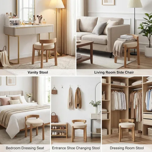 Miniatura 5 de DUOMAY Taburete de tocador de felpilla beige con respaldo bajo, altura del asiento de 18.75 pulgadas, otomana redonda tapizada, patas de goma
