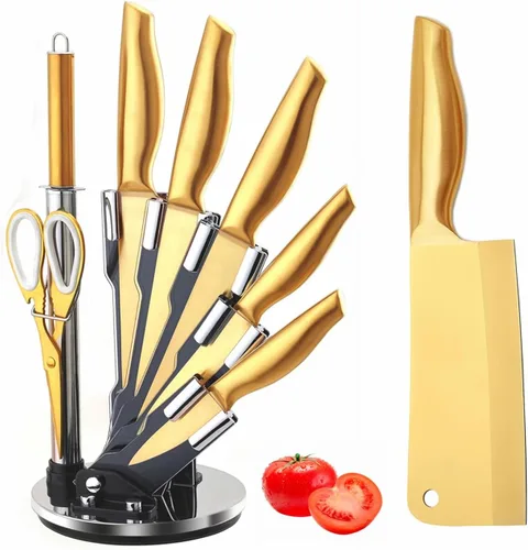 Miniatura 9 de Juego de cuchillos dorados, 8 piezas con revestimiento de titanio dorado apto para lavavajillas, juego de cuchillos de cocina de acero inoxidable