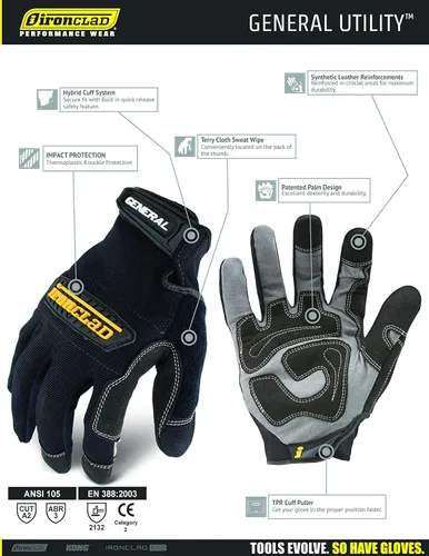 Miniatura 8 de Ironclad General Utility - Guantes de trabajo GUG, multiusos, ajuste de rendimiento, duraderos, lavables a máquina (1 par, color negro)