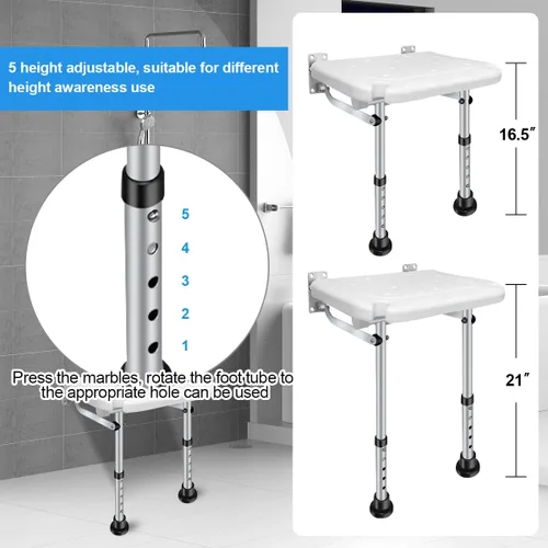 Miniatura 3 de Asiento de ducha plegable, altura ajustable, taburete de seguridad de baño montado en la pared con patas de apoyo antideslizantes y ranura