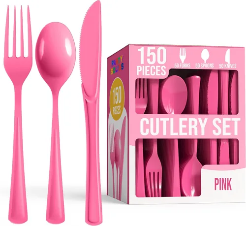 Party Solids Cerise - Cubiertos de plástico resistentes, 150 piezas de cubiertos desechables de Cerise, juego de utensilios, 50 de cada tenedor,