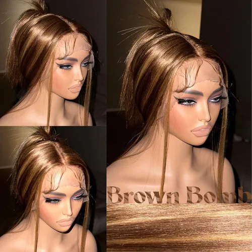 Miniatura 7 de BrownBomb Peluca balayage rubio miel con encaje frontal prearrancada, peluca sintética con encaje frontal, HD sin pegamento 13X5X1 pelucas de encaje