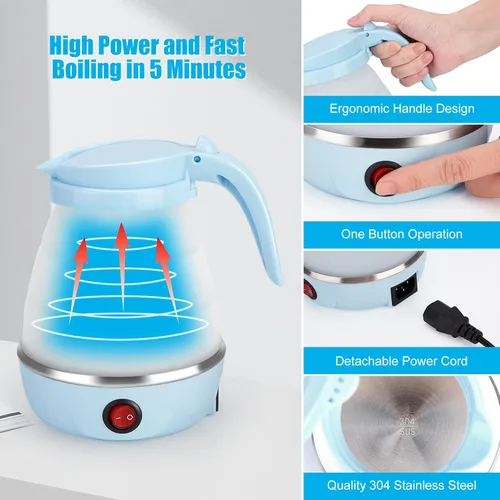 Miniatura 4 de Hervidor Eléctrico Plegable de Viaje, Hervidor Portátil para Agua Caliente Rápida para Té y Café, con 1 Tazón Plegable y 2 Tazas, Silicona de Grado