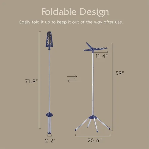 Miniatura 7 de Beaudaily Tendedero de secado de ropa, plegable, estante de secado de ropa interior de 59 pulgadas con 3 brazos giratorios, acero inoxidable, Azul +