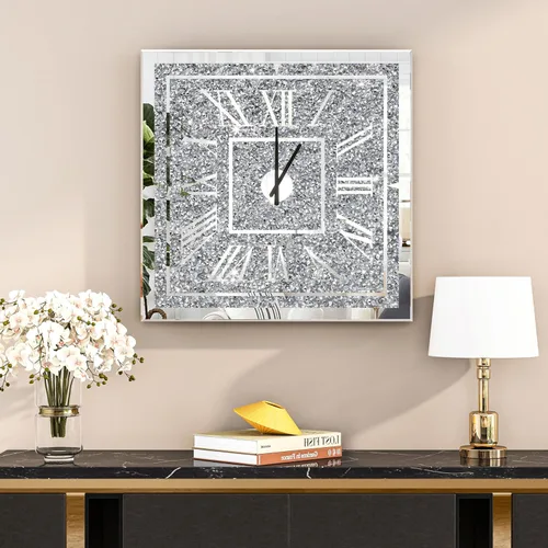 Miniatura 10 de SHYFOY Reloj de pared de diamante triturado, reloj de pared redondo de lujo de 24 pulgadas con cristal de espejo, números romanos elegantes