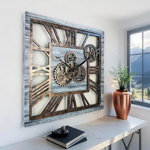 Miniatura 4 de ImprovingLife The Gears Clock - Reloj de pared cuadrado con engranaje móvil real de 24 pulgadas, estilo vintage, industrial, de gran tamaño, Gris