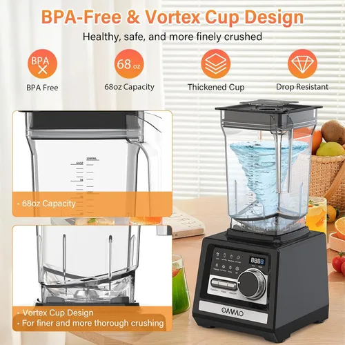 Miniatura 5 de OMMO Licuadora Peak1800W para batidos, licuadoras de batidos sin BPA de 68 onzas para cocina con control de 9 velocidades y temporizador integrado