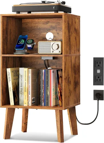 WLIVE - Soporte para tocadiscos con estación de carga, moderna mesita de noche con almacenamiento, mesita de noche de espacio pequeño, mesa auxiliar