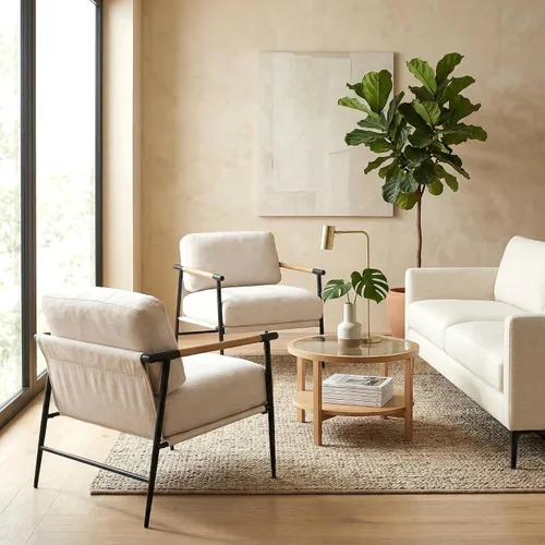 Miniatura 7 de DUOMAY Silla decorativa moderna de chenilla, tapizada, color beige, con patas de metal, cómoda y ligera, para sala de estar, sillón para lectura