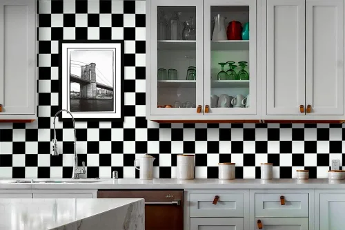 Miniatura 3 de 1339 Papel tapiz de mosaico blanco y negro para despegar y pegar, 17.7 x 118 pulgadas, papel de contacto autoadhesivo extraíble para armarios