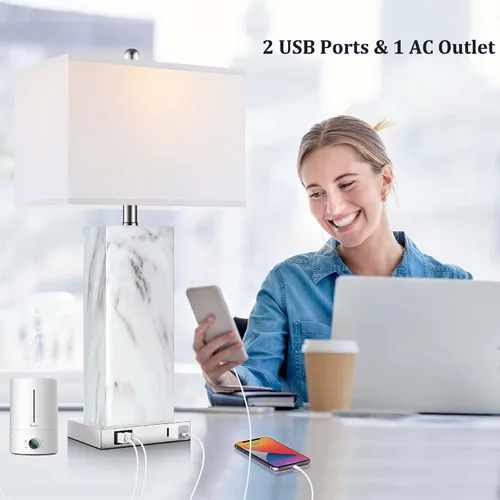 Miniatura 3 de Juego de 2 lámparas de mesa con control táctil, modernas lámparas de noche de cerámica con 2 puertos USB y 1 enchufe de CA, lámparas de mesita de 3