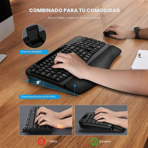 Miniatura 4 de Juego de teclado y mouse inalámbrico, teclas de onda de tamaño completo, teclado ergonómico con reposa muñecas acolchado, soporte para teléfono