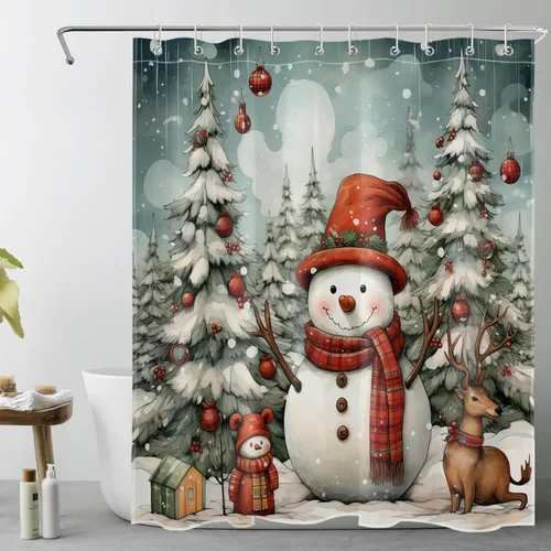 Miniatura 33 de EOBTAIN Cortina de ducha de hojas verdes de Navidad para baño, ramas de piña y abeto con bayas rojas sobre negro, cortina de ducha con 12 ganchos