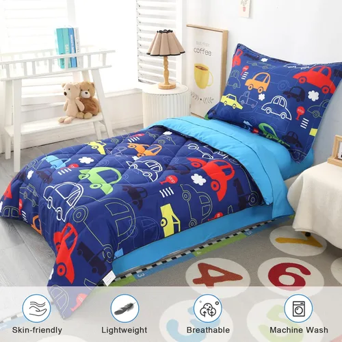 Miniatura 3 de Juegos de ropa de cama para niños pequeños con temática de autos de 4 piezas azules para niños, incluye juego de sábanas y edredón con temática