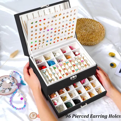 Miniatura 191 de Joyero de pendientes para mujeres y niñas, organizador de aretes de 5 capas, caja organizadora de joyas blanca con candado, collares y aretes