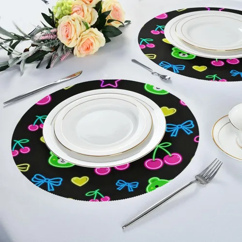 Miniatura 6 de Manteles individuales redondos de color negro a granel con oso de feliz cumpleaños para niños de 15 x 15 pulgadas individuales para mesa de comedor