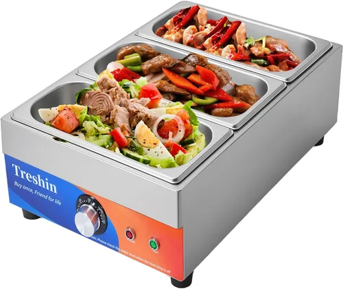 Miniatura 11 de Treshin Calentador de alimentos comercial de 3 sartenes, capacidad de 21 cuartos de galón, 1200 W, de acero inoxidable, calentador de alimentos