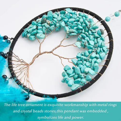 Miniatura 3 de Pretty Jolly Atrapasueños de árbol de la vida azul aguamarina, decoración de pared con piedra de cristal curativo, hecha a mano, plumas azules