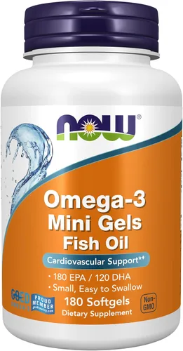 NOW Suplementos, mini geles omega-3, 180 EPA / 120 DHA, destilado molecularmente, apoyo cardiovascular*, 180 cápsulas blandas