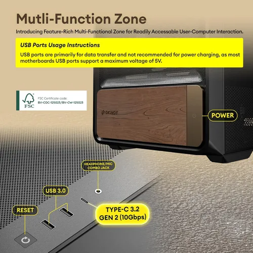 Miniatura 8 de Okinos Air Cross, Caja ATX de Madera de Nogal Genuina, Ventilador PWM de 3×140mm y Ventilador PWM Inverso de 2x120mm Preinstalado, Paneles de Malla