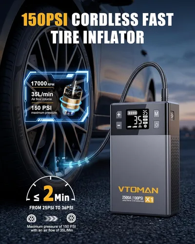 Miniatura 3 de VTOMAN X1 Arrancador con compresor de aire, arrancador de batería de coche (2500A, hasta 8.5L de gasolina/6L de motor diésel) con inflador