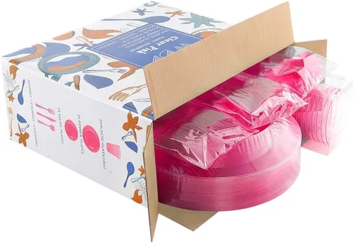 Miniatura 10 de WDF 25 platos de color rosa para invitados con cubiertos de plástico rosa y vasos rosados. La vajilla desechable transparente neón incluye 50