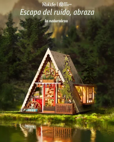 Miniatura 7 de Rolife Kit de casa en miniatura para bricolaje, cabina con marco en A, rompecabezas de madera 3D con tragaluz que se abre para adolescentes