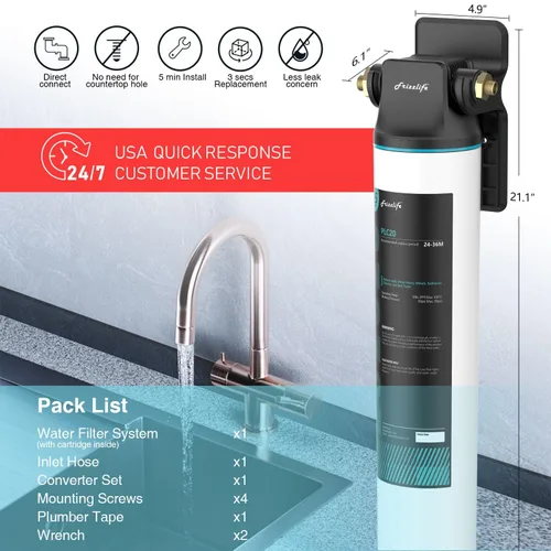 Miniatura 5 de Frizzlife Sistema de filtro de agua SW20 para debajo del fregadero, certificado NSF/ANSI 53 y 42, 0.5 micras reduce el 99.99% de plomo, cloro, mal