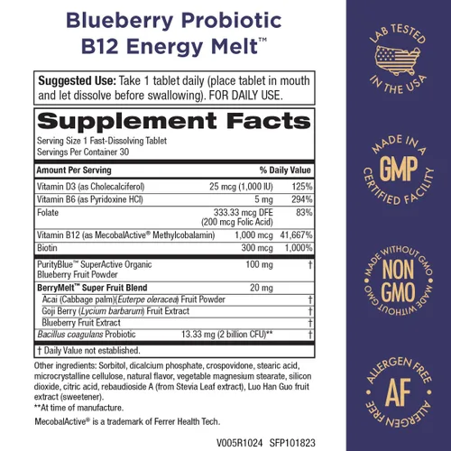 Miniatura 2 de Purity Products Blueberry Probiotic B12 Energy Melt ProDura Clinical Probiotic - Arándanos orgánicos, metilcobalamina B-12-30 derretidos