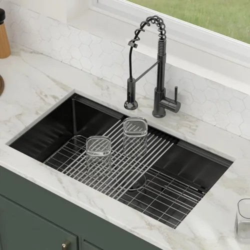 Miniatura 3 de Fregadero de cocina negro de 32 - Logmey Fregadero de cocina de 32x19 pulgadas, negro metalizado, instalación por debajo de la encimera, estación