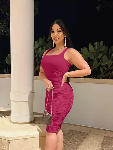 Miniatura 3 de BEAGIMEG Vestido midi sin mangas sexy fruncido para mujer