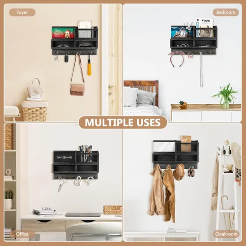 Miniatura 6 de Soporte de pared para llaves, correo de madera y organizador de llaves con pizarra y espejo, 3 tarjetas de felicitación, 8 ganchos, color negro
