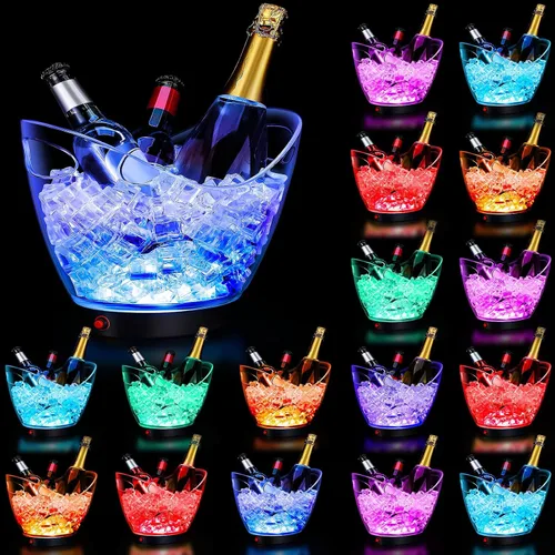 Miniatura 13 de Umigy Cubo de hielo de plástico transparente de 5L LED de 5 L, luz de gran capacidad, enfriador LED colorido RGB con luces para champán, vino