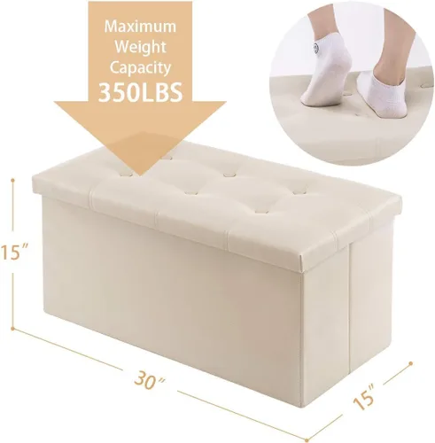 Miniatura 3 de YOUDENOVA Otomana plegable de almacenamiento, otomana de piel sintética, reposapiés otomano, asiento acolchado para dormitorio y sala de estar, Beige