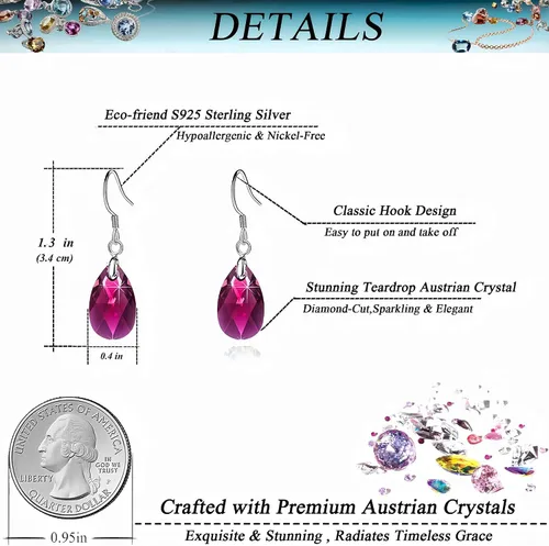 Miniatura 4 de Aretes colgantes de cristal austriaco con forma de lágrima para mujer, joyería hipoalergénica de plata de ley 925