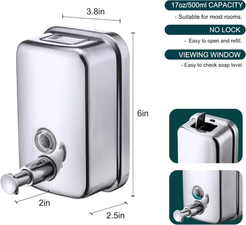 Miniatura 4 de Dispensador de jabón comercial de acero inoxidable con montaje en pared, manual, bomba líquida a prueba de óxido y sin fugas para baño