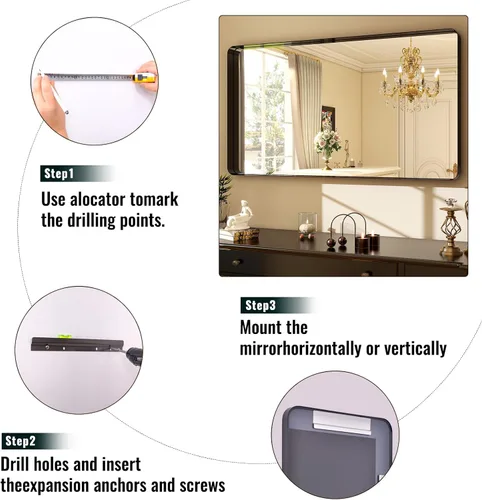 Miniatura 6 de Easly Espejo de baño negro de 48"x30" - Moderno espejo negro para pared con esquinas redondeadas, espejos de baño para tocador, espejo enmarcado