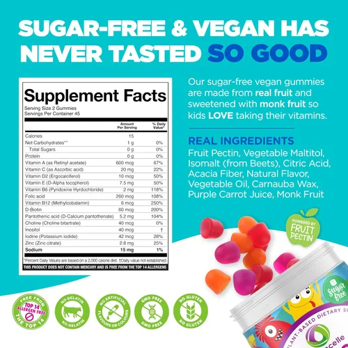 Nutracelle NUTRAMIN - Multivitaminas de gomitas 100% veganas sin azúcar, sin alérgenos para niños, gomitas naturales de gran sabor que a tus hijos