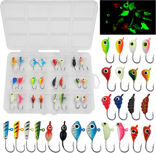 Ice Fishing Jigs Lures kit, Luminous Ice Fishing Gear Crappie Panfish Jigs Head Fishing Hooks Set for Winter Ice Jigging Walleye Perch Bluegill