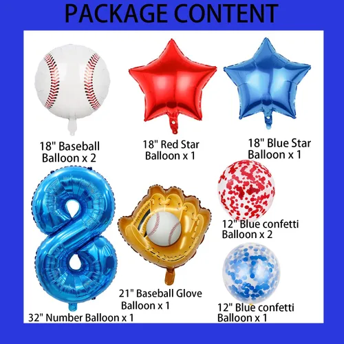 Miniatura 2 de Globos de béisbol de papel de aluminio para decoración de cumpleaños, globos con el número 8, globos de confeti de estrella roja y azul para Béisbol