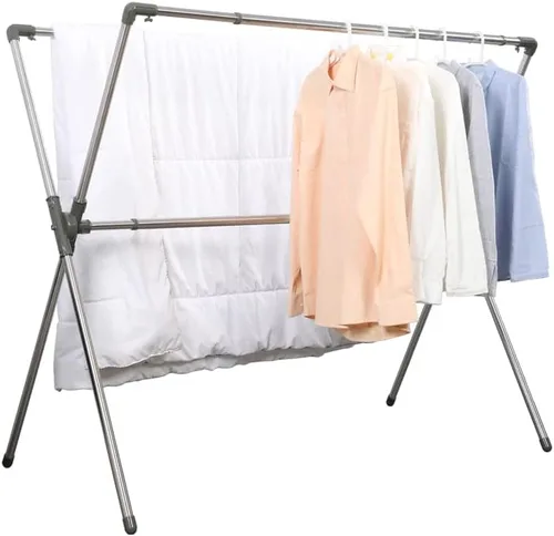Miniatura 10 de BAOYOUNI Estante plegable de secado de ropa de acero inoxidable con doble poste, barras expandibles, ahorro de espacio, retráctil, resistente