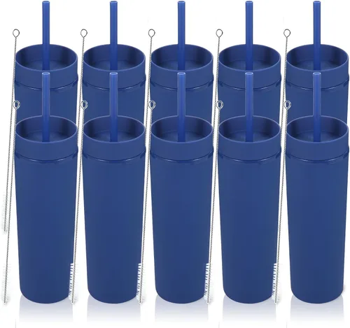 Miniatura 23 de Volhoply Vaso delgado de plástico de 16 onzas con tapa y pajita, paquete de 4 unidades, vasos aislados de doble pared de acrílico mate, sin BPA